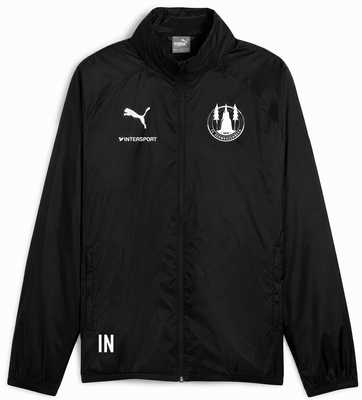 Schwarze Puma-Jacke mit Intersport-Logo und Vereinswappen.