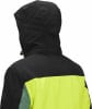 Rückansicht einer schwarzen Jacke mit Reflektoren und Kapuze.
