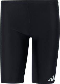 Schwarze Adidas Badehose mit Logo am Bein.