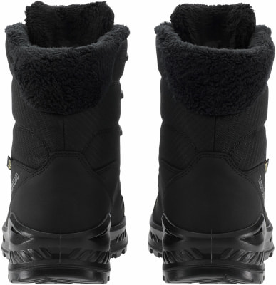 Schwarze Winterstiefel mit Fell und robuster Sohle, ideal für Schnee. Schwarze Winterstiefel mit Fell und robuster Sohle, ideal für Schnee.