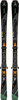 Atomic Redster-Ski mit Bindung sind schwarz mit grünen und orangefarbenen Akzenten.