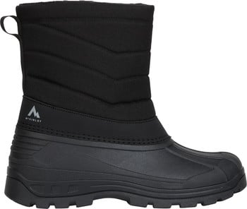 Schwarzer Winterstiefel mit gestepptem Obermaterial und Gummisohle.