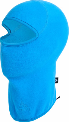 Blaue Fleece-Sturmhaube mit Gesichtsöffnung und Markenlogo.