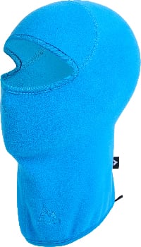 Blaue Fleece-Sturmhaube mit Gesichtsöffnung und Markenlogo.