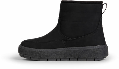 Schwarzer Knöchel-Winterstiefel mit rutschfester Sohle und Stoffobermaterial. Schwarzer Knöchel-Winterstiefel mit rutschfester Sohle und Stoffobermaterial.