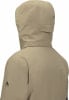Rückansicht einer beige Kapuzenjacke mit Logo auf dem Ärmel.