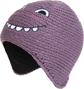 Lila Strickmütze mit Monstergesicht und schwarzem Futter.