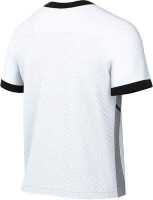 Weißes T-Shirt mit schwarzem Kragen und Ärmelbündchen. Weißes T-Shirt mit schwarzem Kragen und Ärmelbündchen.