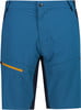 Blaue Shorts mit dunkelblauen Seitenteilen und orangefarbenem Reißverschluss.