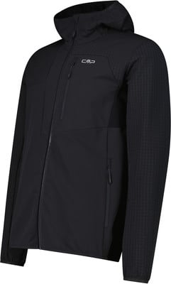 Schwarze Herrenjacke mit Kapuze und CMP-Logo auf der Brust.