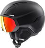 Schwarzer UVEX Skihelm mit integrierter roter Visierscheibe.