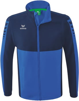 Herren dunkelblaue Erima Jacke mit blauen Ärmelstreifen und Reißverschluss.