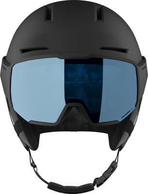 Schwarzer Skihelm mit hellblauen Visieren und verstellbarem Riemen. Schwarzer Skihelm mit hellblauen Visieren und verstellbarem Riemen.