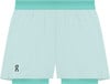 Hellblaue Shorts mit tealem Bund und ON-Logo.