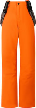Orange Skihose mit Hosenträgern und Protest-Logo.