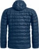 Rückansicht einer dunkelblauen Daunenjacke mit Kapuze und Logo.