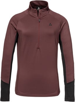 Dunkelrotes Funktionsshirt für Damen mit schwarzen Einsätzen und Logo.
