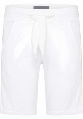 Weiße Shorts mit metallischem Glanz und Kordelzug.