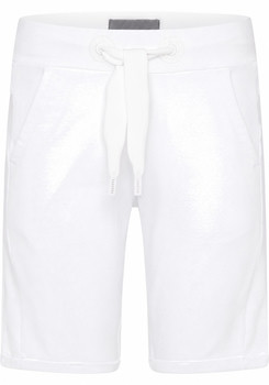 Weiße Shorts mit metallischem Glanz und Kordelzug.