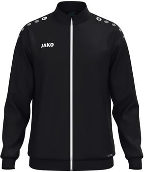 Schwarze JAKO Jacke mit weißem Reißverschluss und Logo auf der linken Brust.