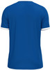 Rückansicht eines blauen T-Shirts mit weißen Ärmelbündchen.