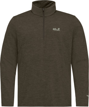 Dunkelgrüner Herrenpullover mit kurzem Reißverschluss und Jack Wolfskin Logo.