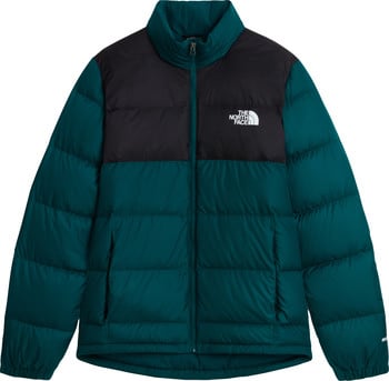 Grüne und schwarze Daunenjacke mit The North Face Logo.