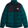 Grüne und schwarze Daunenjacke mit The North Face Logo.
