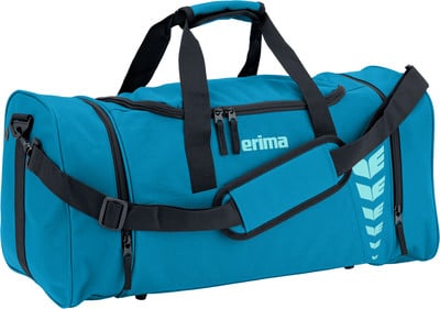 Blaue Sporttasche mit Erima-Logo und Schultergurt.