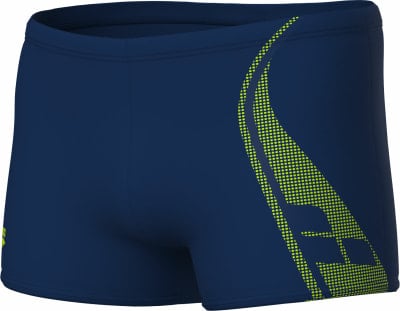 Dunkelblaue Badehose mit limettengrünem Grafikdruck an den Seiten. Dunkelblaue Badehose mit limettengrünem Grafikdruck an den Seiten.