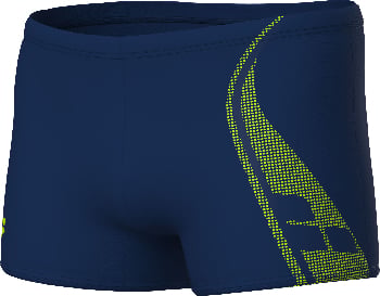 Dunkelblaue Badehose mit limettengrünem Grafikdruck an den Seiten.