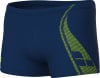 Dunkelblaue Badehose mit limettengrünem Grafikdruck an den Seiten.