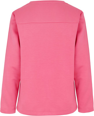 Ein rosafarbener Pullover mit langen Ärmeln und vertikalen Nähten auf der Rückseite. Ein rosafarbener Pullover mit langen Ärmeln und vertikalen Nähten auf der Rückseite.