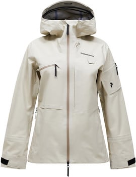 Eine beige Kapuzenjacke mit Peak Performance Logo, geeignet zum Skifahren.