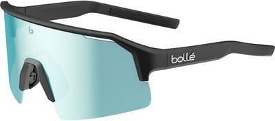 Schwarze Sportbrille mit blauer Spiegelscheibe und Bolle-Logo. Schwarze Sportbrille mit blauer Spiegelscheibe und Bolle-Logo.