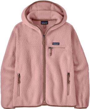 Eine rosa Patagonia Fleecejacke mit Kapuze und Reißverschluss.