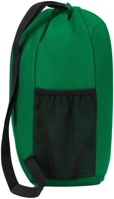 Grüner Beutel mit Kordelzug und schwarzer Netztasche vorne. Grüner Beutel mit Kordelzug und schwarzer Netztasche vorne.