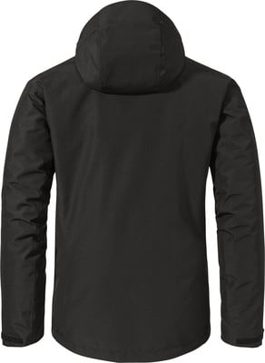 Rückansicht einer schwarzen Jacke mit Kapuze und langen Ärmeln. Rückansicht einer schwarzen Jacke mit Kapuze und langen Ärmeln.