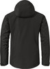 Rückansicht einer schwarzen Jacke mit Kapuze und langen Ärmeln.