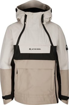 Beige Jacke mit schwarzen Elementen und Kapuze, mit Active Rebel Logo.