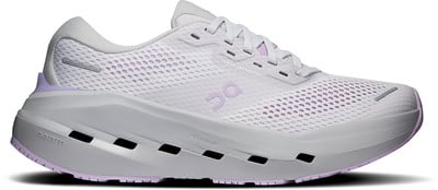 Hellgraue Damen-Laufschuhe mit lila Akzenten und ON-Logo.
