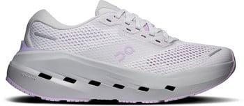 Hellgraue Damen-Laufschuhe mit lila Akzenten und ON-Logo.