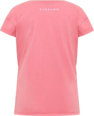 Ein rosafarbenes T-Shirt mit kurzen Ärmeln und dem Schriftzug ELBSAND auf dem Rücken.
