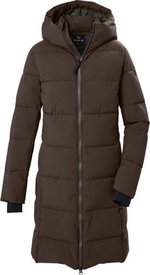 Braune Daunenjacke mit Kapuze und langem Reißverschluss vorne. Braune Daunenjacke mit Kapuze und langem Reißverschluss vorne.