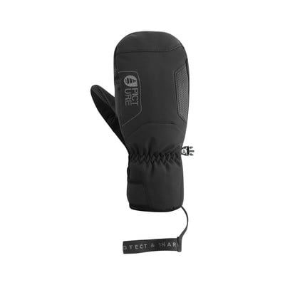 Schwarze Skihandschuhe mit Logo und Handgelenkband.