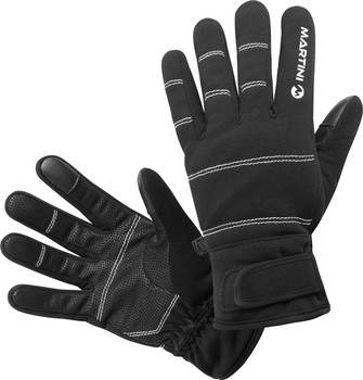 Schwarze Handschuhe mit weißen Nähten und Martini-Logo.