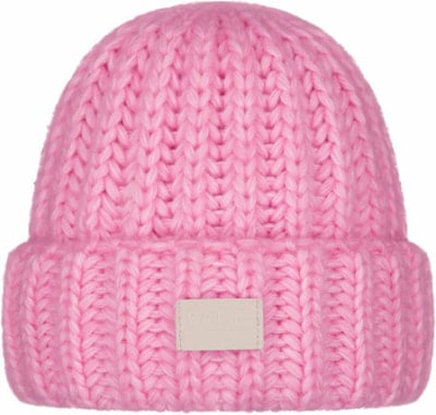 Eine rosa Strickmütze mit weißem Etikett und Rippbund. Eine rosa Strickmütze mit weißem Etikett und Rippbund.