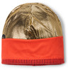 Goldene Mütze mit orangefarbenem Fleeceband und rotem Saum.