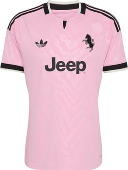 Rosa Fußballtrikot mit Adidas- und Jeep-Logos und einem schwarzen Pferd.