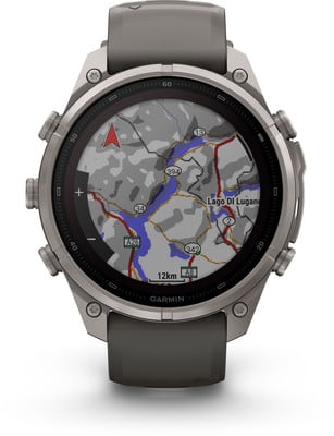 Eine Garmin Smartwatch mit einer Karte des Luganersees und umliegenden Straßen. Eine Garmin Smartwatch mit einer Karte des Luganersees und umliegenden Straßen.